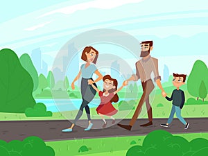 Happy cartoon father, mother, brother and sister at summer park. Young couple with kids walks outdoor, family lifestyle