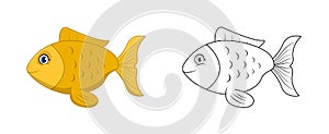 Happy cartoon fish with line art, fish sketch color less page isolated on white background.
