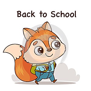 A happy cartoon fox with a backpack walks to school. Vector