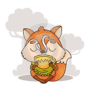 Happy cartoon fox with a cup of coffee or tea. Vector