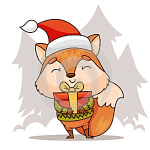 Happy cartoon fox with a present, illustrated in a festive jaw-dropping style. Vector