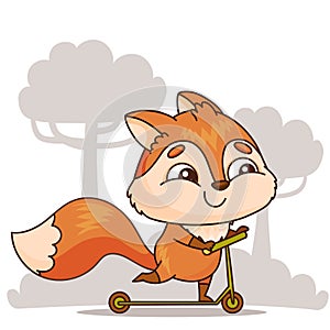 Happy cartoon fox riding scooter in park illustration. Vector