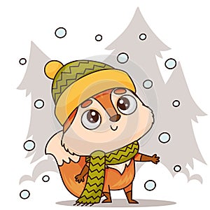 Happy cartoon fox in winter clothes and costume hat standing in snow. Vector