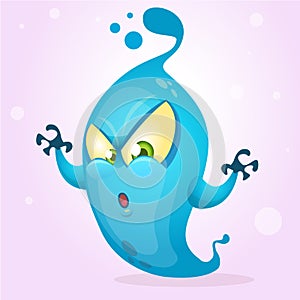 Happy cartoon ghost. Halloween vector fat and blue monster icon with claws