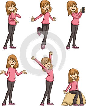 Happy cartoon girl in different activities.