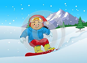 Happy Cartoon girl playing snowboard