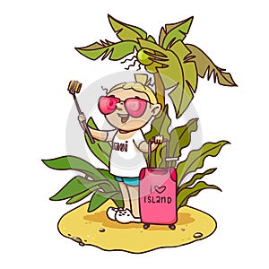 Happy cartoon girl in sunglasses taking selfie in vacation on island with suitcase, palm tree and tropical plants. Hand drawn