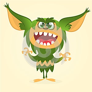 Happy cartoon gremlin monster. Halloween vector goblin or troll with green fur and big ears