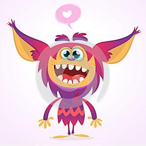 Happy cartoon gremlin monster in love. Halloween vector goblin or troll with pink fur and big ears. Isolated