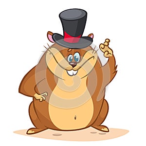 Happy cartoon groundhog on his day with mayor hat. Vector illustration