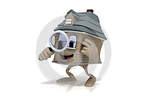 Happy cartoon house holding a magnifying glass