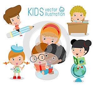 Happy cartoon kids in classroom, education concept, back to school
