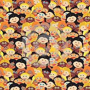 Happy cartoon kids faces retro pattern background