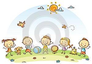 Happy cartoon kids outdoors on a green meadow