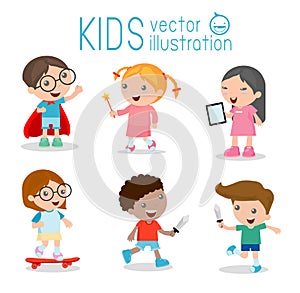 Happy cartoon kids playing, Kids playing on white background , Skating, Superhero kid, tablet
