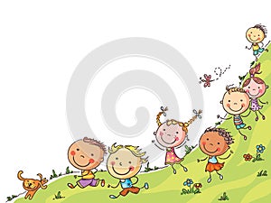 Happy cartoon kids running, vector frame with a copy space
