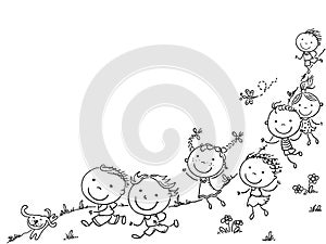 Happy cartoon kids running, vector frame with a copy space