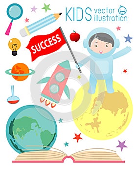 Happy cartoon kids on space with rocket education , spaceman, education concept