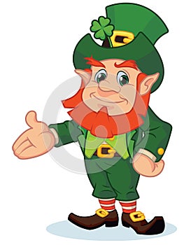 Happy cartoon leprechaun presenting