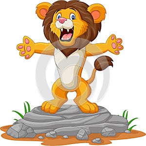 Happy cartoon lion posing on the rock