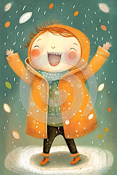 Happy cartoon little girl in a raincoat rejoices in the rain. Illustration for children