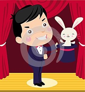 A happy cartoon magician pulling a rabbit out of h