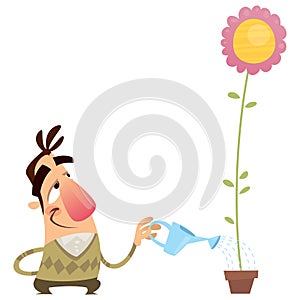 Happy cartoon man gardener watering flower that growing fast