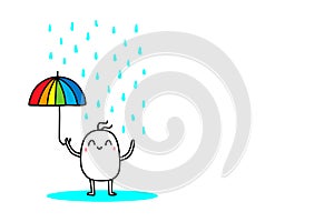 Happy cartoon man with rainbow umbrella under heavy rain. Vector hand drawn illustration. Vibrant colors