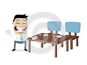Happy cartoon man setting the table