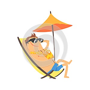 Happy cartoon man sunbathing on a lounger with umbrella. Colorful character vector Illustration