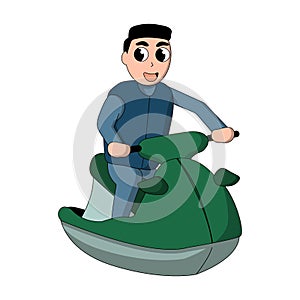 Happy cartoon man wearing a wetsuit and a water vest on a jet ski. white background isolated vector illustration