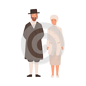 Happy cartoon man and woman jews standing isolated on white background. Smiling colorful jewish couple wearing photo