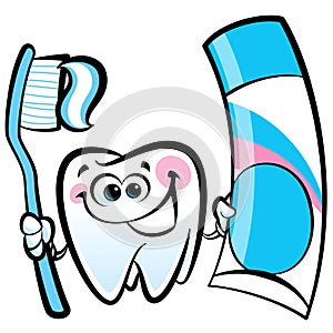 Happy cartoon molar tooth character holding dental toothbrush