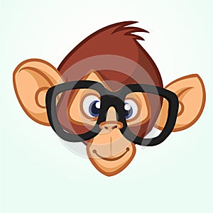 Happy cartoon monkey head wearing glasses. Vector icon of chimpanzee