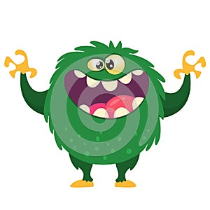 Happy cartoon monster with big mouth full of teeth. Vector green monster illustration. Halloween design.