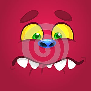 Happy cartoon monster face with a big smile. Vector Halloween pink monster illustration.