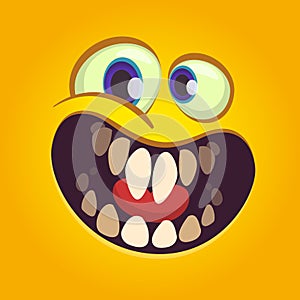 Happy cartoon monster face. Vector Halloween excited orange monster with big mouth smile.