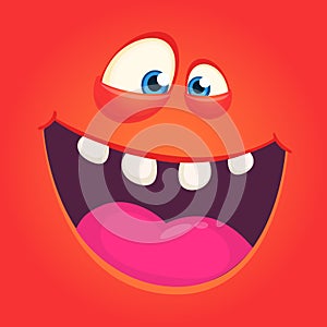 Happy cartoon monster face. Vector Halloween excited red monster with wide mouth.