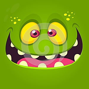 Happy cartoon monster face. Vector Halloween illustration of green excited monster or zombie