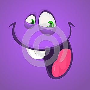 Happy cartoon monster face. Vector Halloween illustration of purple excited monster.