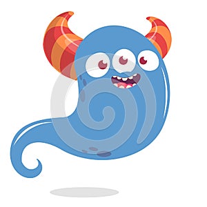 Happy cartoon monster or ghost. Vector Halloween illustration of blue ghost.