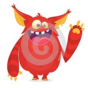 Happy cartoon monster mascot. Halloween vector red alien waving.