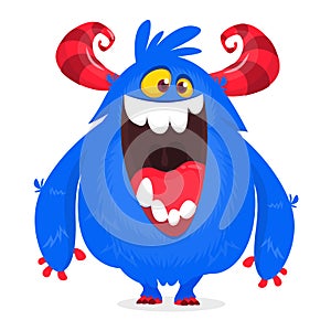 Happy cartoon monster with mouth open. Halloween vector blue monster.