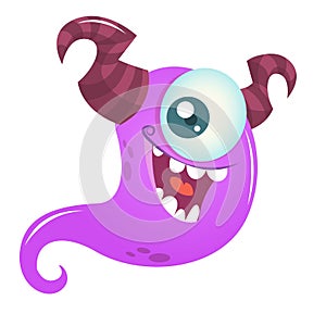 Happy cartoon monster with one eye. Vector Halloween illustration of purple ghost.