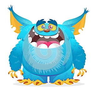 Happy cartoon monster smiling. Halloween vector blue monster.