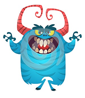 Happy cartoon monster. Vector Halloween blue furry monster.