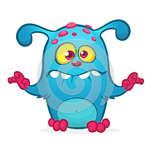 Happy cartoon monster. Vector Halloween blue furry monster.