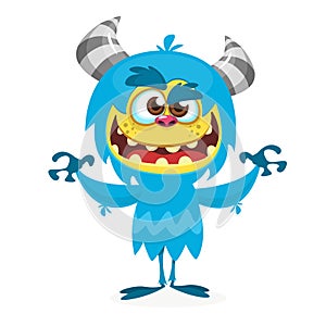 Happy cartoon monster. Vector Halloween blue furry monster yeti or bigfoot.