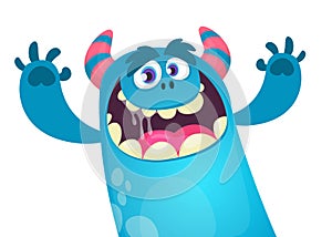 Happy cartoon monster. Vector Halloween blue furry monster yeti or bigfoot waving hands.