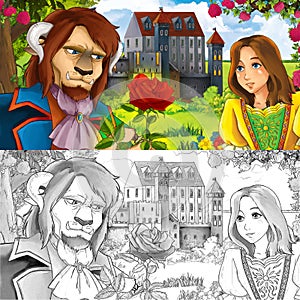Happy cartoon nature scene with beautiful castle with beast prince and princess with coloring page - illustration